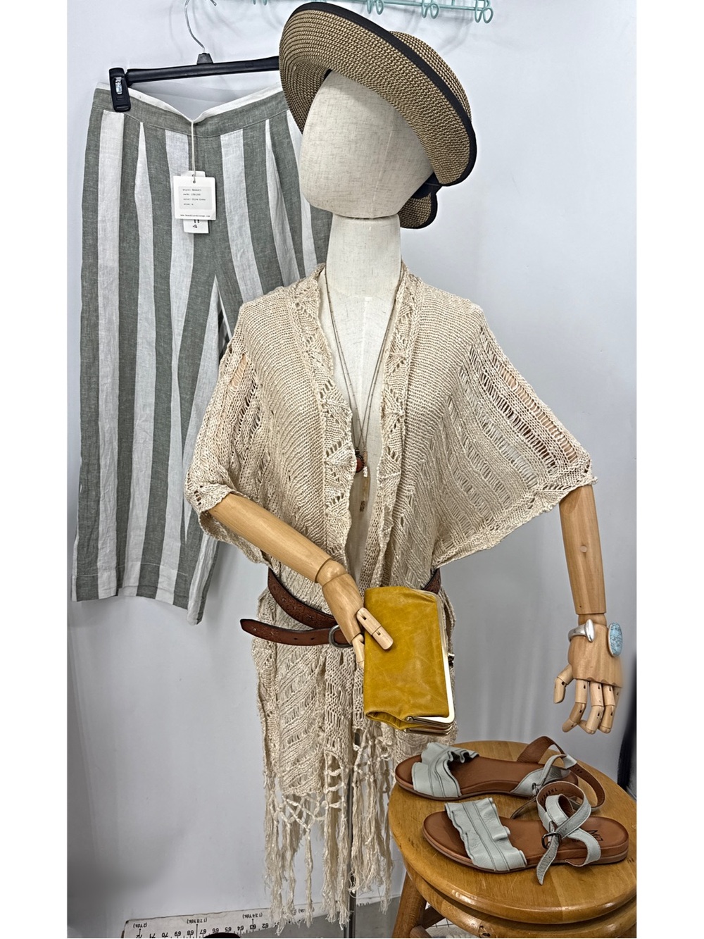 Kori America bohemian  crochet open front fringe duster poncho cardigan S/M